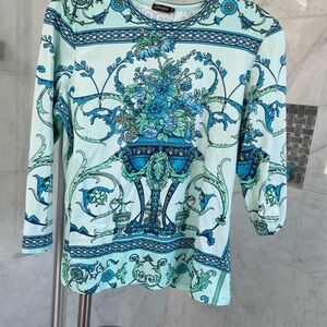 J. McLaughlin Blue and Green Graphic 3/4 Sleeve Blouse